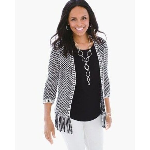 Chicos Black White Fringed Open Front Knit Cardigan Sweater 3/4 Sleeves Size 1 - Picture 9 of 13